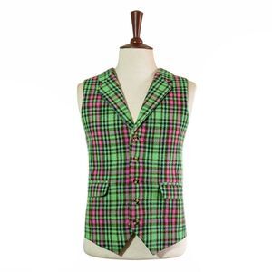 Mens 46R Green Pink Plaid Lambswool Vest Waistcoat Wedding Party Formal Casual
